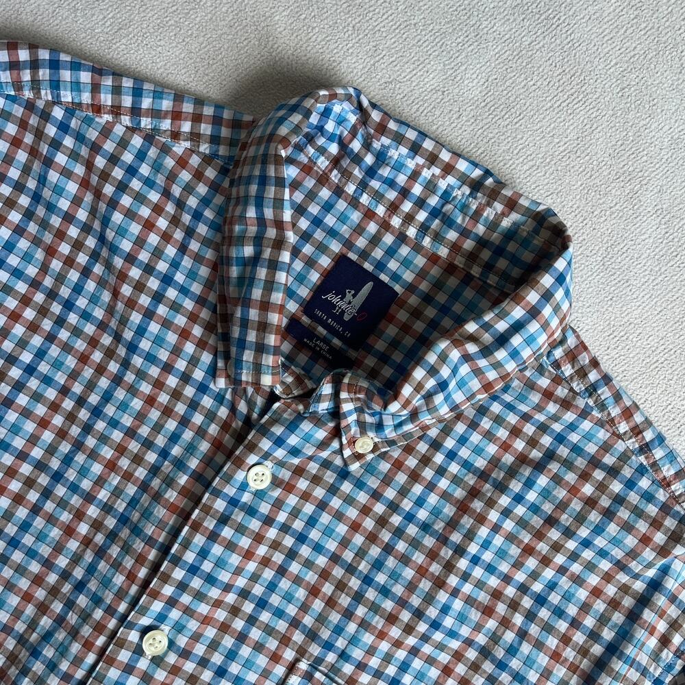 Johnnie-O Lightweight Button Down 100% Cotton Blue Brown White Plaid Men's L